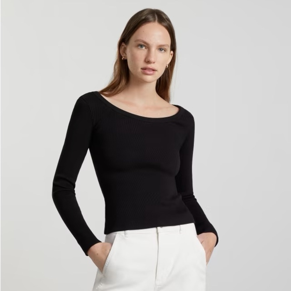Everlane Long Sleeved Ribbed Scoop Neck Tee, Black, Size Large